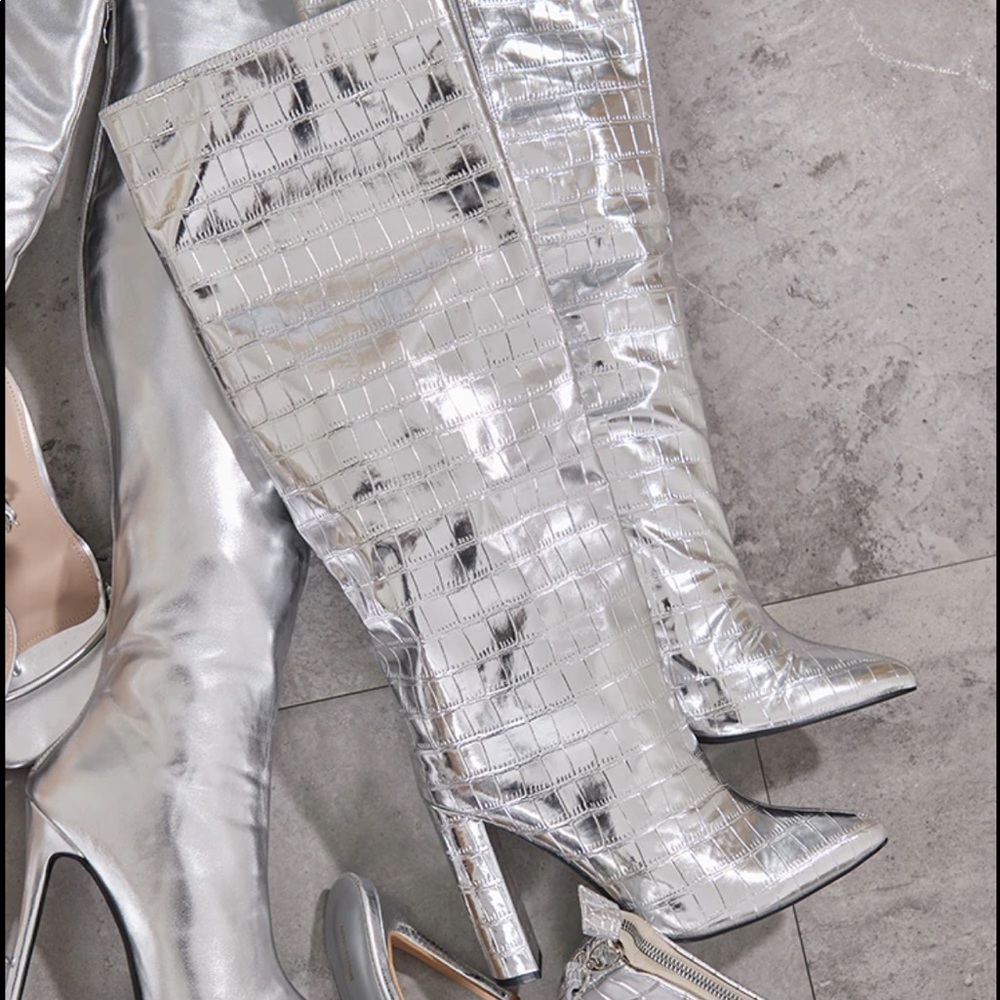 Silver Wide Fit Metallic Point Toe Croc Block High Heeled Knee Boots